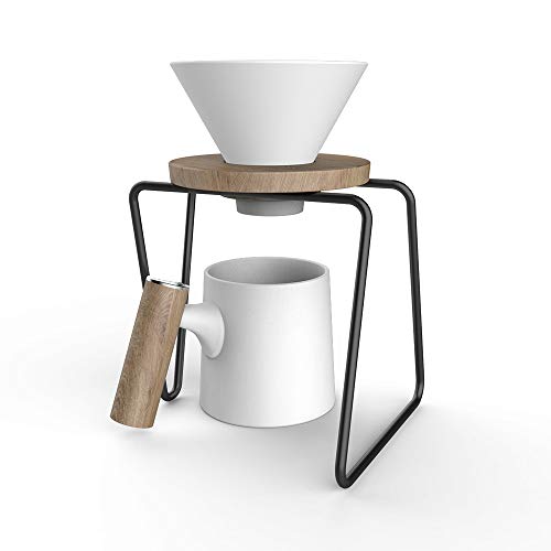 STAIZE Ceramic Pour Over Coffee Maker Set | Includes Funnel, Stand and 16 oz Ceramic Mug with Wooden Handle | Unique Coffee Maker Design For a Modern Kitchen (White)