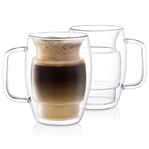 JoyJolt Cadus Glass Coffee Cups Double Wall Insulated Mugs Set of 2 Latte Glasses, 16-Ounces.