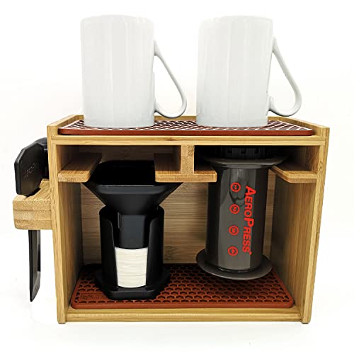HEXNUB – Bamboo Organizer for AeroPress, Caddy Station Holds AeroPress Coffee Maker, Filters, Cups, Pour Over Accessories With Silicone Dripper Mat, Increased Space Saving (Brown)