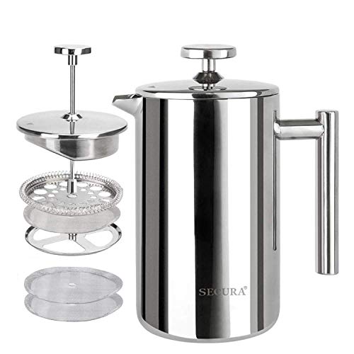 Secura French Press Coffee Maker, 304 Grade Stainless Steel Insulated Coffee Press with 2 Extra Screens, 12oz (0.35 Litre), Silver (SFP-12DS)