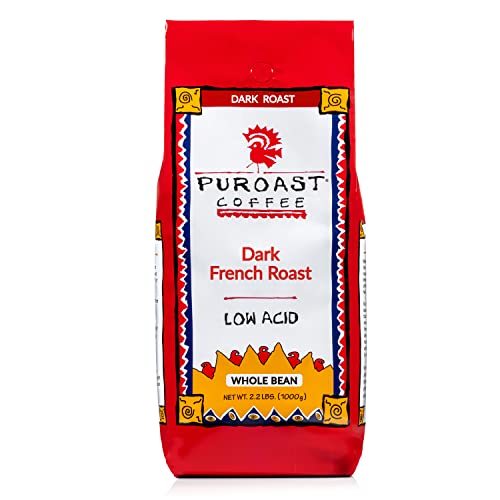 Puroast Low Acid Coffee Whole Bean, French Roast, Dark Roast, Certified Low Acid Coffee, 5.5+ pH, Gut Health, 2.2 LB, Higher Antioxidant, Smooth for Espresso, Iced Coffee