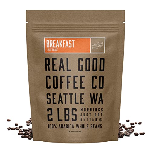Real Good Coffee Company - Whole Bean Coffee - Breakfast Blend Light Roast Coffee Beans - 2 Pound Bag - 100% Whole Arabica Beans - Grind at Home, Brew How You Like