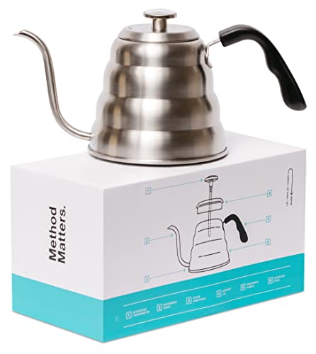 Barista Warrior Gooseneck Kettle for Pour Over Coffee and Tea with Thermometer for Exact Temperature, Precision Pour Drip Spout, Stainless Steel, Compatible with all Stove Tops (1.2 Liter, 40 fl oz)