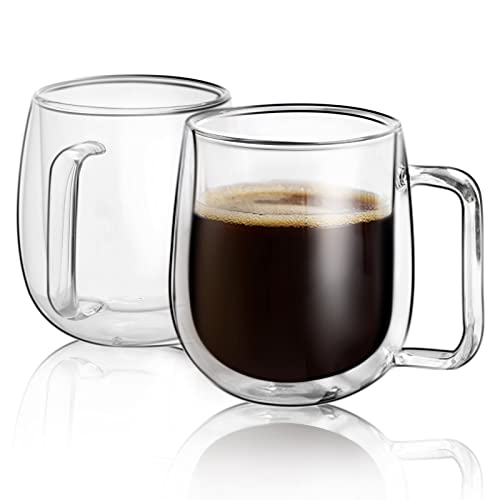 ETERMETA 2 Pack 12 oz Double Walled Glass Coffee Mugs with handle, Thermal Insulted No Condensation Coffee & Tea Cups, Clear Mugs for Americano, Latte, Espresso, Cappuccinos Beverage