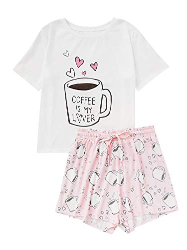 DIDK Women's Cute Cartoon Print Tee and Shorts Pajama Set Coffee Pink Medium