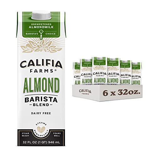 Califia Farms - Unsweetened Almond Barista Blend Almond Milk, 32 Oz (Pack Of 6), Shelf Stable, Dairy Free, Plant Based, Vegan, Gluten Free, Non GMO, Sugar Free, Milk Frother, Creamer
