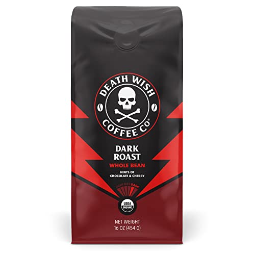 DEATH WISH COFFEE Whole Bean Coffee Dark Roast - Extra Kick of Caffeine - USA Organic Coffee Beans Bundle/Bulk - Fair Trade Arabica & Robusta Coffee - Real Dark Roast Coffee Beans (16 oz)