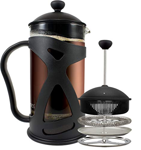 KONA French Press Coffee Press Maker With Reusable Stainless Steel Filter, Large Comfortable Handle & Glass Protecting Durable Black Shell