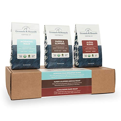 Grounds & Hounds Three Blend Starter Kit - Ground, 100% Organic Coffee Variety Pack, Bulk Ground Coffee, Includes Three 6oz Bags of Our Most Popular Blends