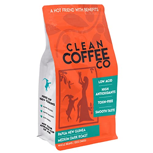 Clean Coffee Co. | Low Acid Coffee, 12oz Bag Whole Bean Coffee | Medium Roast from Papua New Guinea | Toxin and Mold Free, Antioxidant Rich, Smooth Taste for Espresso, French Press, or Iced Coffee