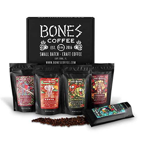 Bones Coffee Company World Tour Sample Pack | Whole Coffee Beans Sampler Gift Box Set | Pack of 5 Assorted Single-Origin Gourmet Coffee | Medium Roast Coffee Beverages (Whole Bean)