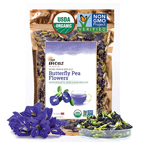 INCAS 100% USDA Organic Butterfly Pea Flower 4.41 oz (375+ Cups) DIRECT FROM SOURCE Thailand Non GMO Verified Dried Butterfly Pea Flowers Caffeine Free Gluten Free Vegan Rich in Antioxidants Free eBook