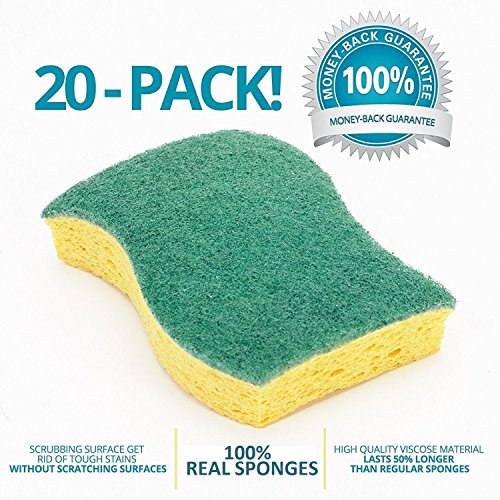 STK 20-Pack Multi-Use Heavy Duty Scrub Sponge-Never Smell Technology Viscose Sponges-100% Biodegradable & Eco Friendly-Kitchen-Bathroom-Car-Individually Wrapped