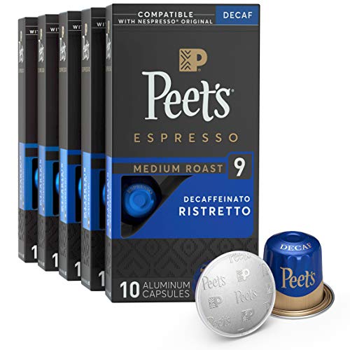 Peet's Coffee, Dark Roast Decaf Espresso Pods Compatible with Nespresso Original Machine, Decaf Ristretto Intensity 9, 50 Count (5 Boxes of 10 Espresso Capsules)