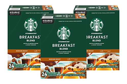 Starbucks Coffee K-Cup Pods, Breakfast Blend, Medium Roast Coffee, Notes of Brown Sugar & Sweet Orange, Keurig Genuine K-Cup Pods, 24 CT K-Cups/Box (Pack of 3 Boxes)