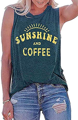 Sunshine and Coffee Tank Top T Shirt Women's Funny Letter Pattern Graphic Print Cami Tank Summer Vacation Loose Tunic Shirts Gym Running Sleeveless Shirt Tee Top