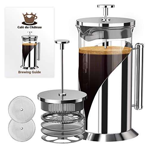 The Original Glass French Press Coffee Maker by Cafe Du Chateau - Versatile Coffee Press, Tea Press w/ 4 Level Filtration, Easy to Clean, BPA Free French Press Stainless Steel Coffee Maker (34oz)