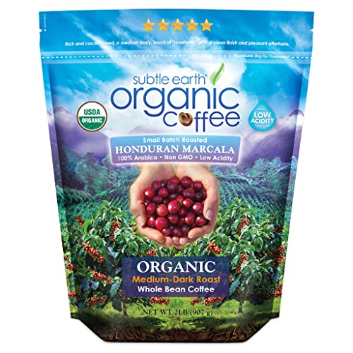 Subtle Earth Organic Coffee - Medium-Dark Roast - Whole Bean Coffee - 100% Arabica Beans - Low Acidity and Non-GMO - 2lb bag