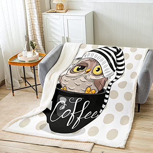 Owl Sherpa Throw Blanket Coffee Cartoon Cup Bed Fleece Blanket Contemporary Style Throw Size (50inchx60inch) Sherpa Throw Blanket Flannel Blankets for Kids Child Boys Girls Room Couch Bed Decor