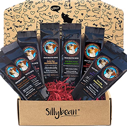 Sillybean Best Dog Mom Dog Dad Ground Coffee Sampler Gift Box | 8 Delicious Fresh Roasted Coffees with Fun Dog-Themed Names and Labels Ready to Give or Send