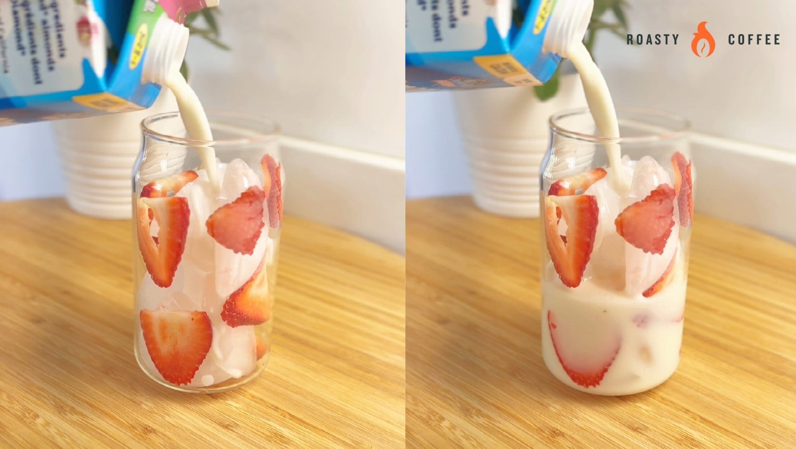 adding milk to a glass with strawberry slices and ice
