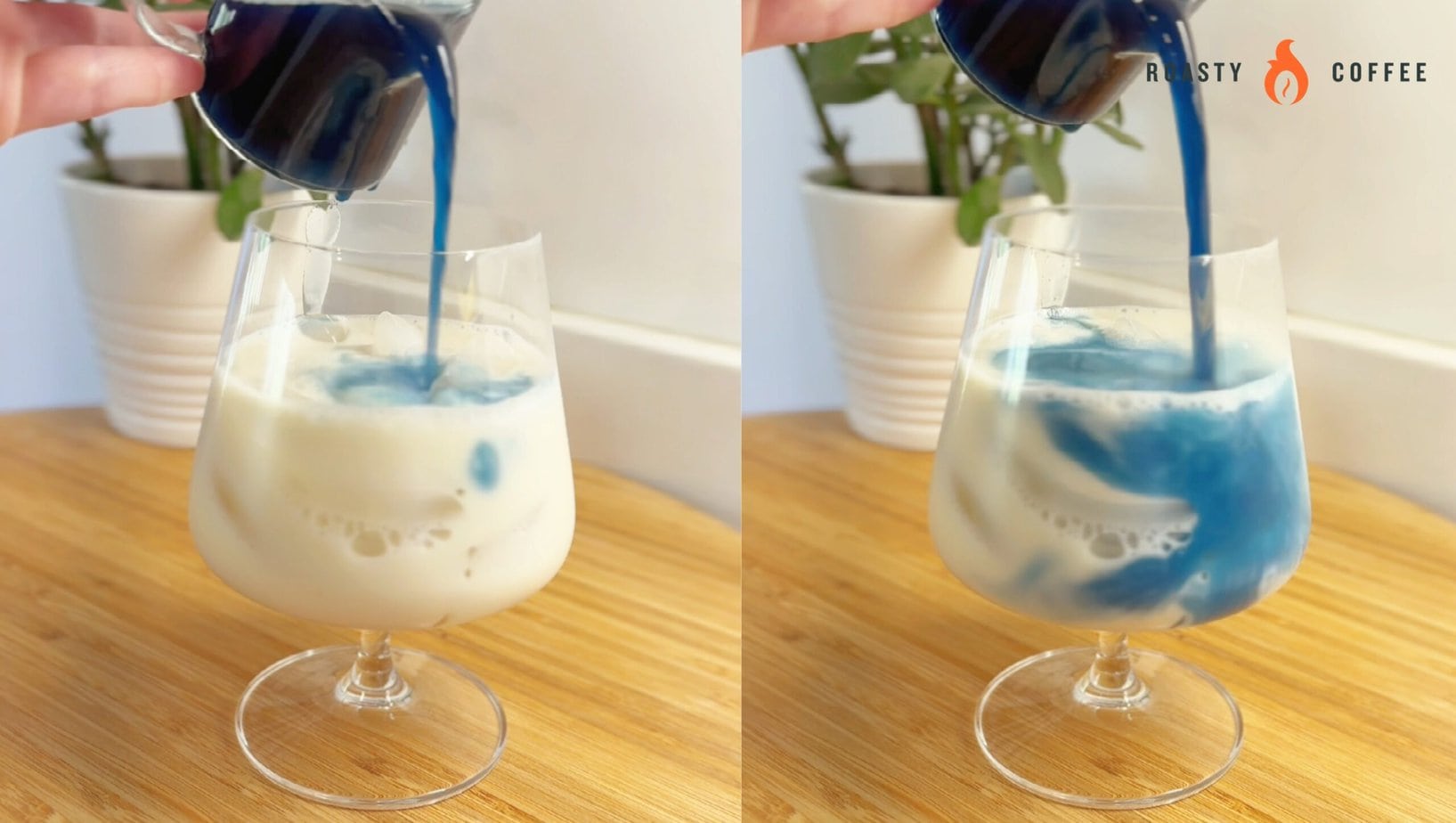 pouring Butterfly pea flower tea into a glass with ice and milk