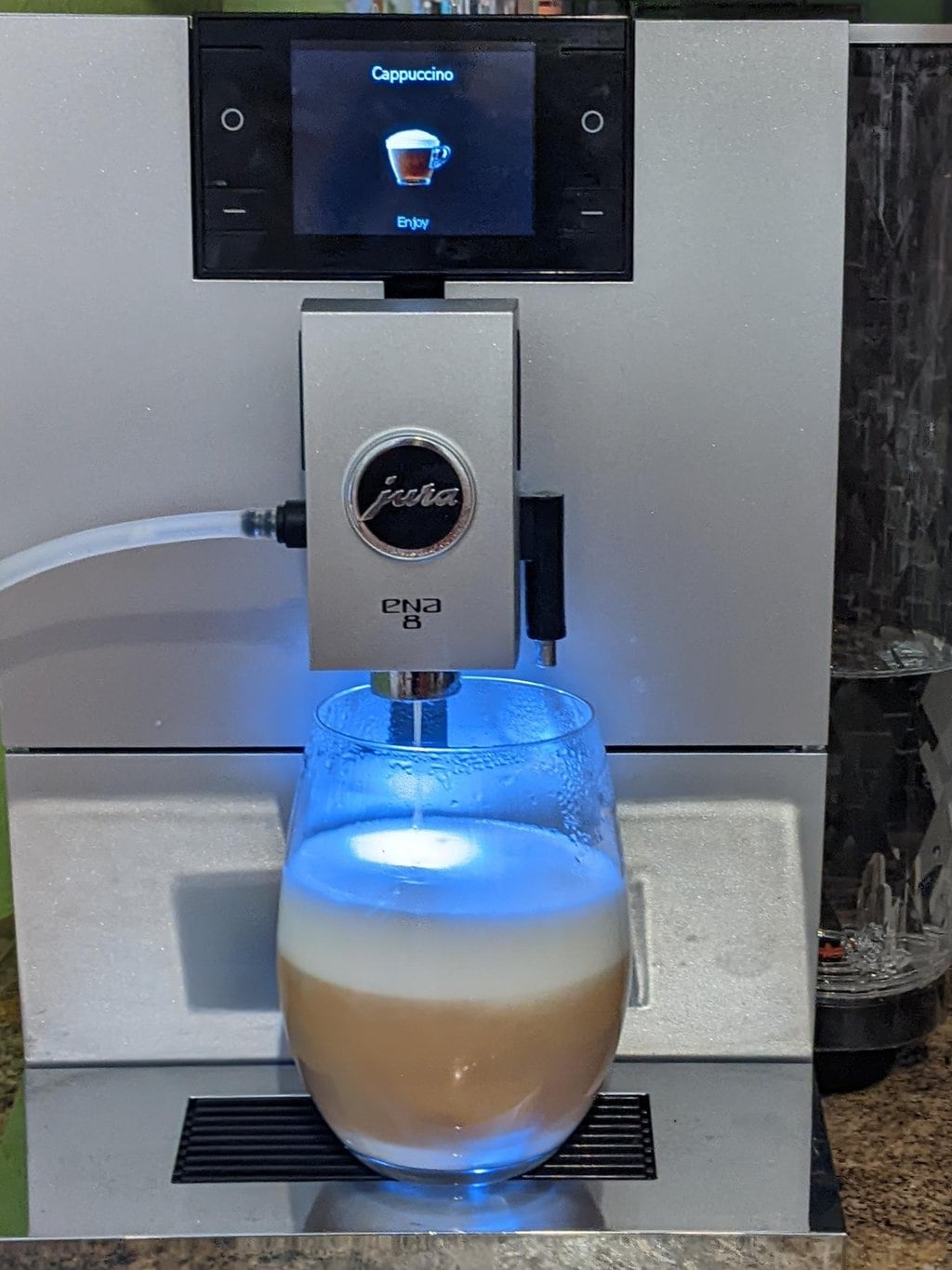 Jura ENA 8 espresso machine brews Cappuccino