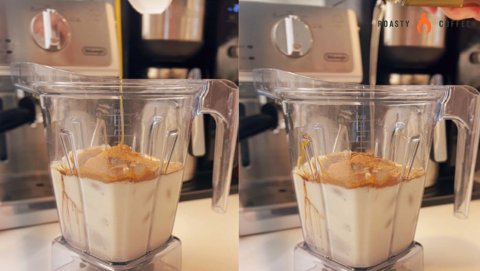 caramel sauce is added to milk and coffee in a blender