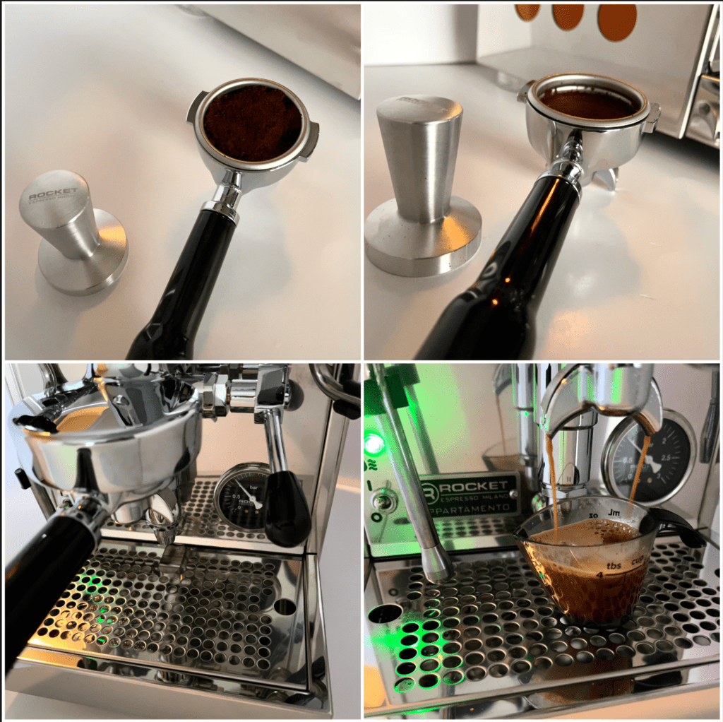 collage of 4 images: Rocket Espresso Appartamento, portafilter and brewing coffee close up