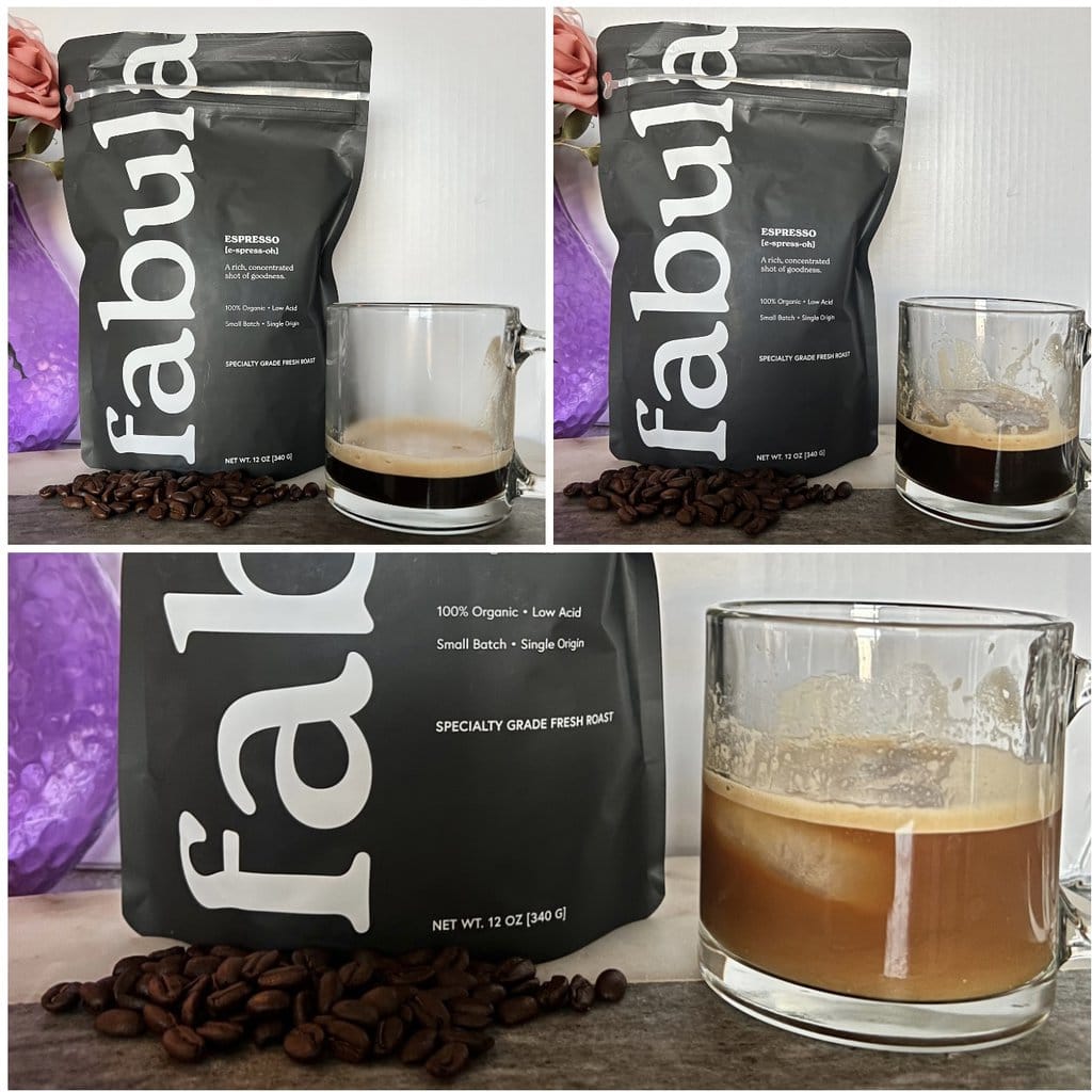 Fabula Espresso Organic Coffee next to a mug of Espresso, Espresso with ice and Espresso with oat milk
