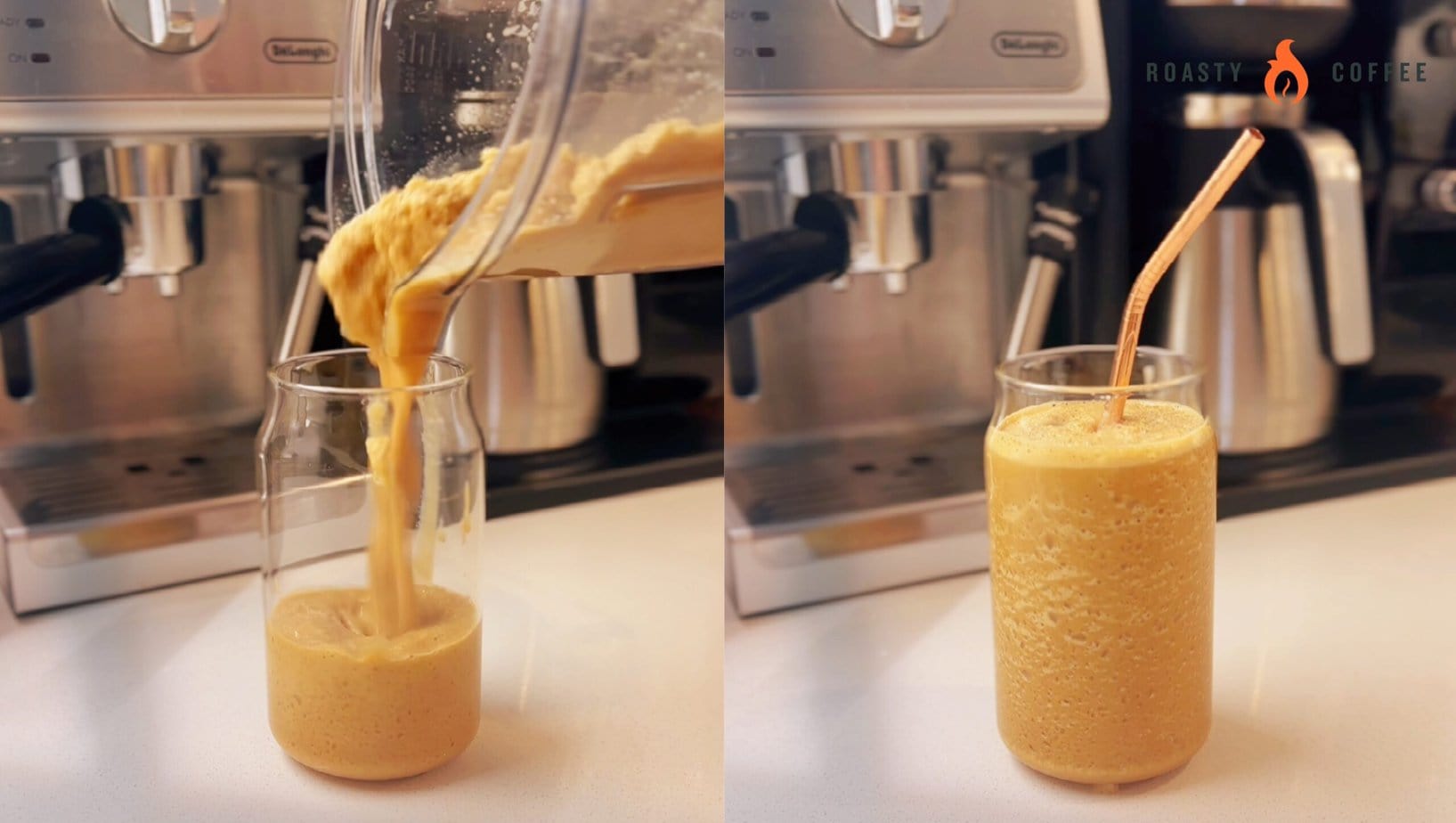 Frappuccino is poured into a glass from a blender