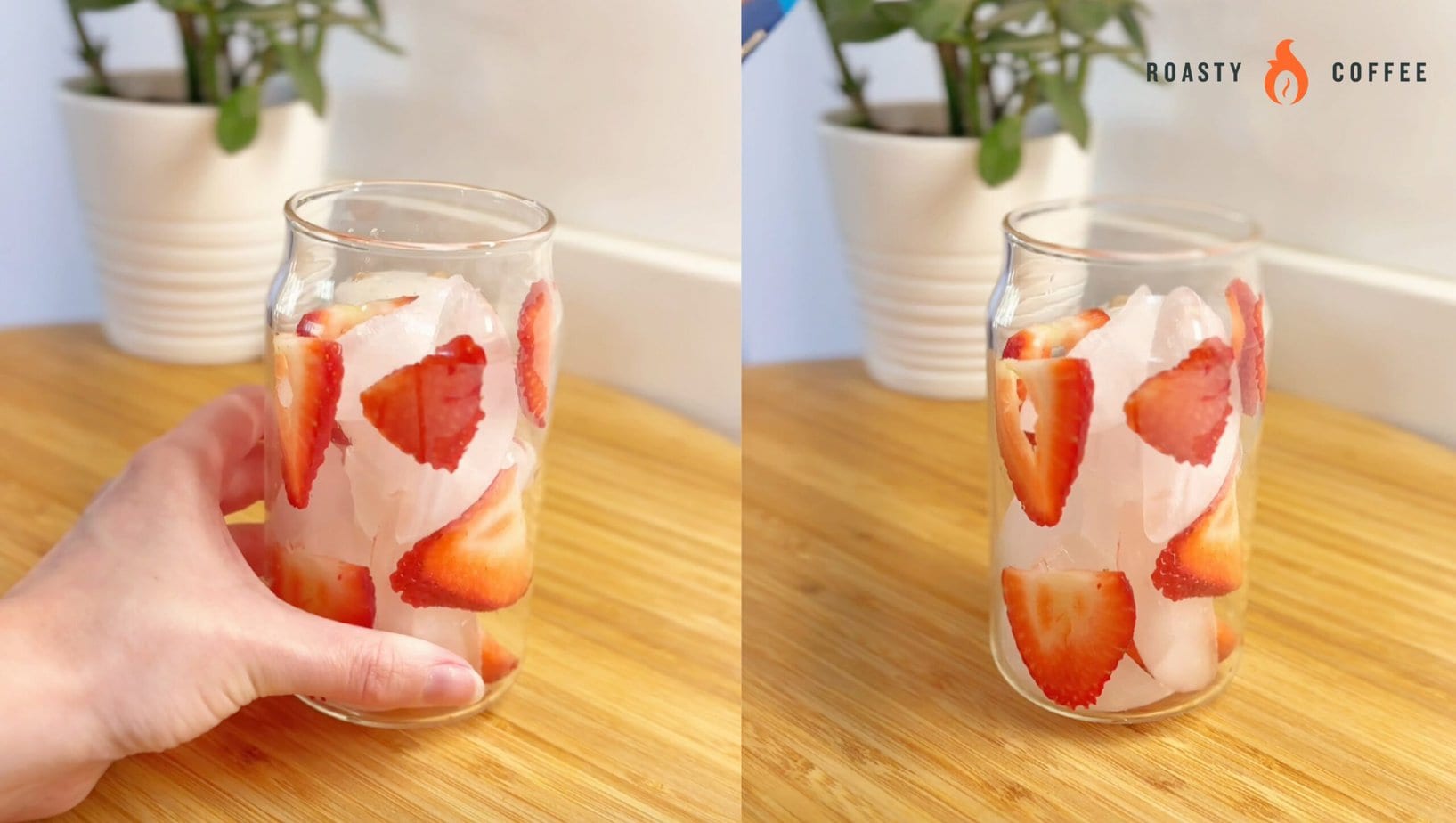 glass with strawberry slices and ice
