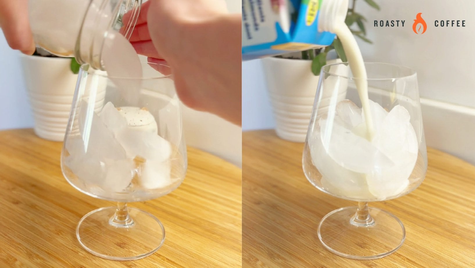 pouring ice and milk into a glass