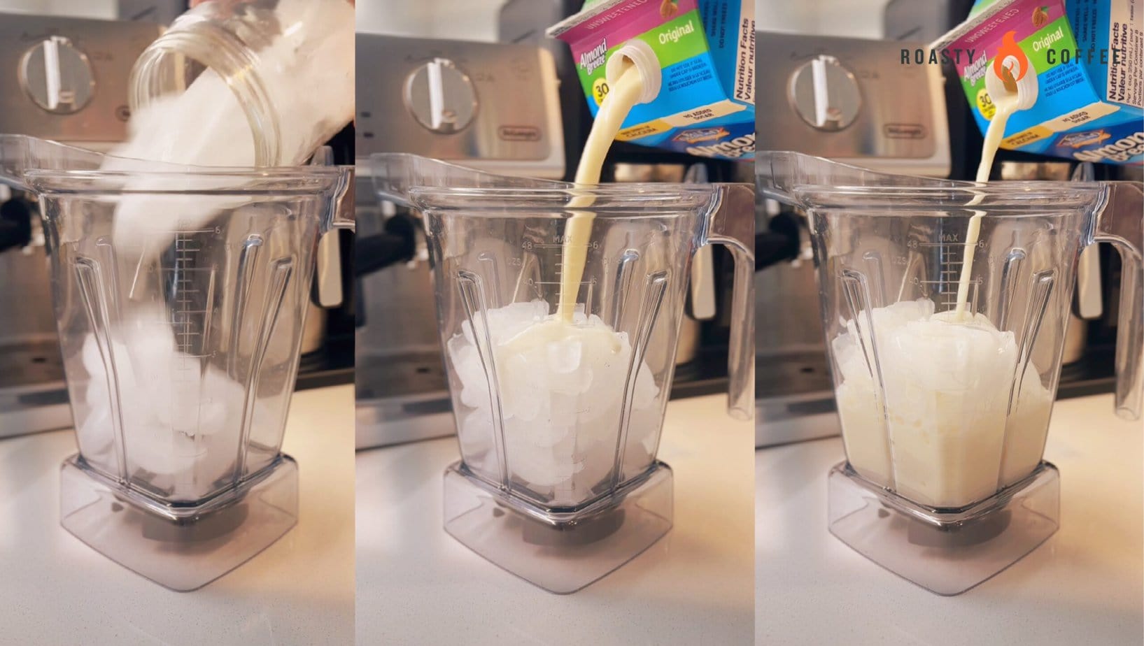 pouring ice and milk into the blender