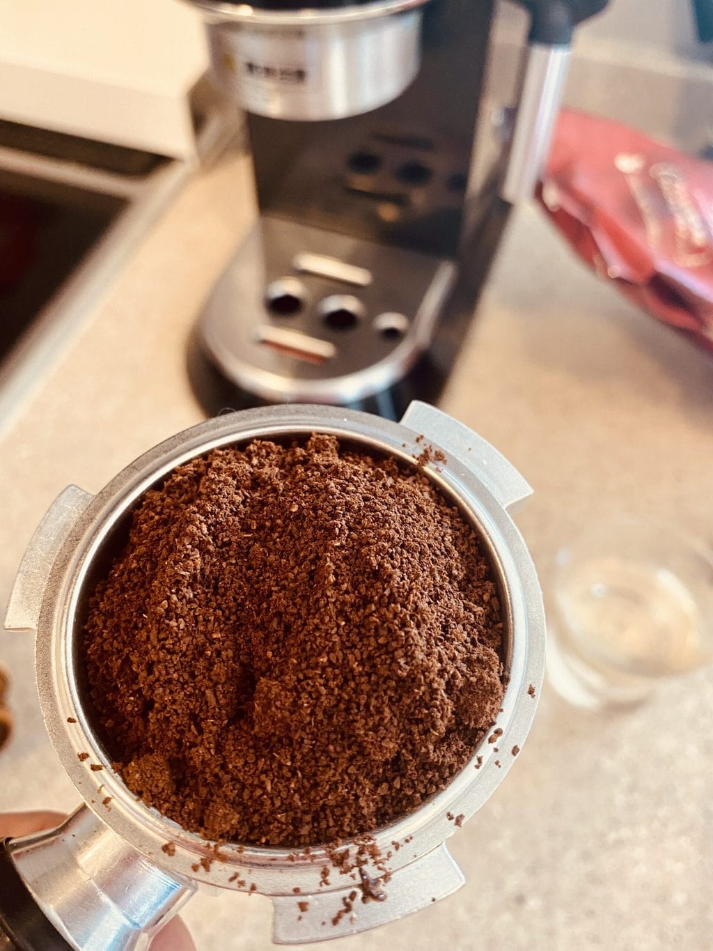 ground coffee in portafilter