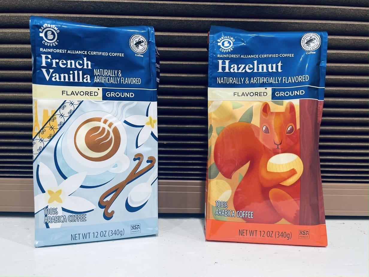 French vanilla and Hazelnut coffee packs from Aldi on the white table