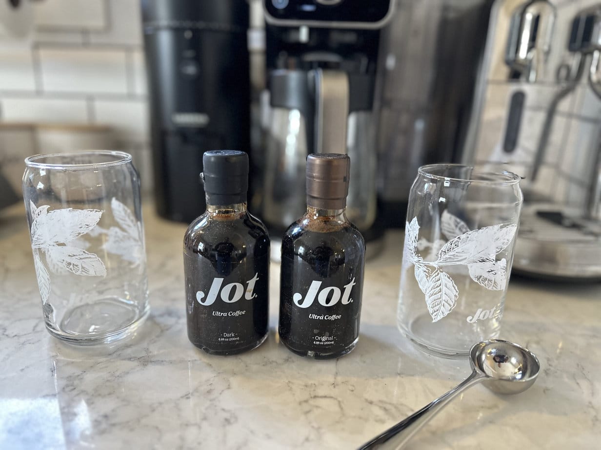 Jot Ultra Coffee on the kitchen table next to the glasses