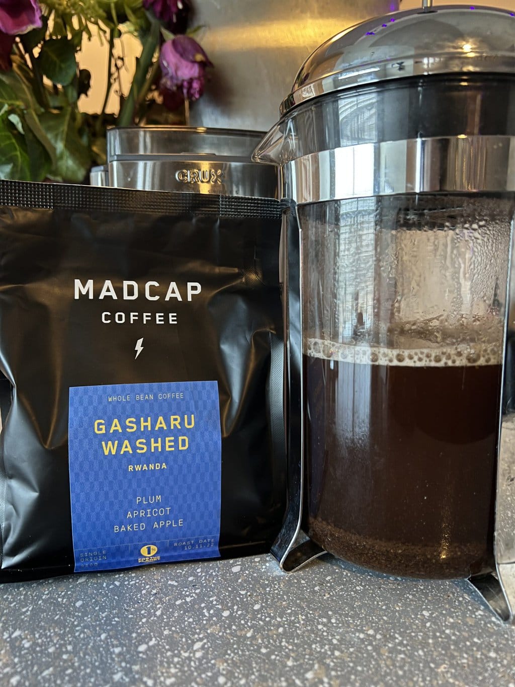 Gasharu Washed - Madcap coffee packaging and brewed coffee french press