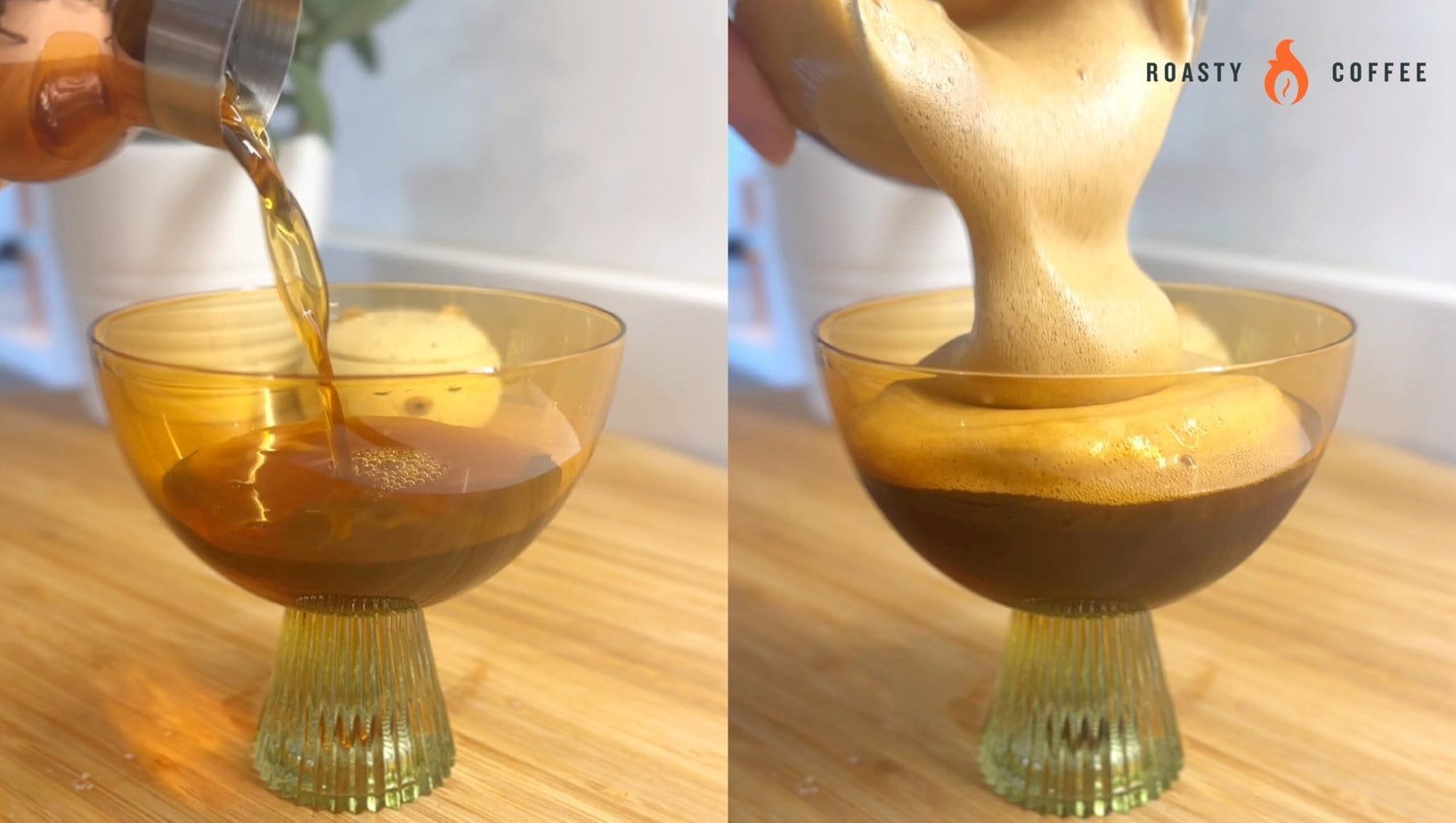 Pour the liquid into a cocktail glass and top with Dalgona coffee