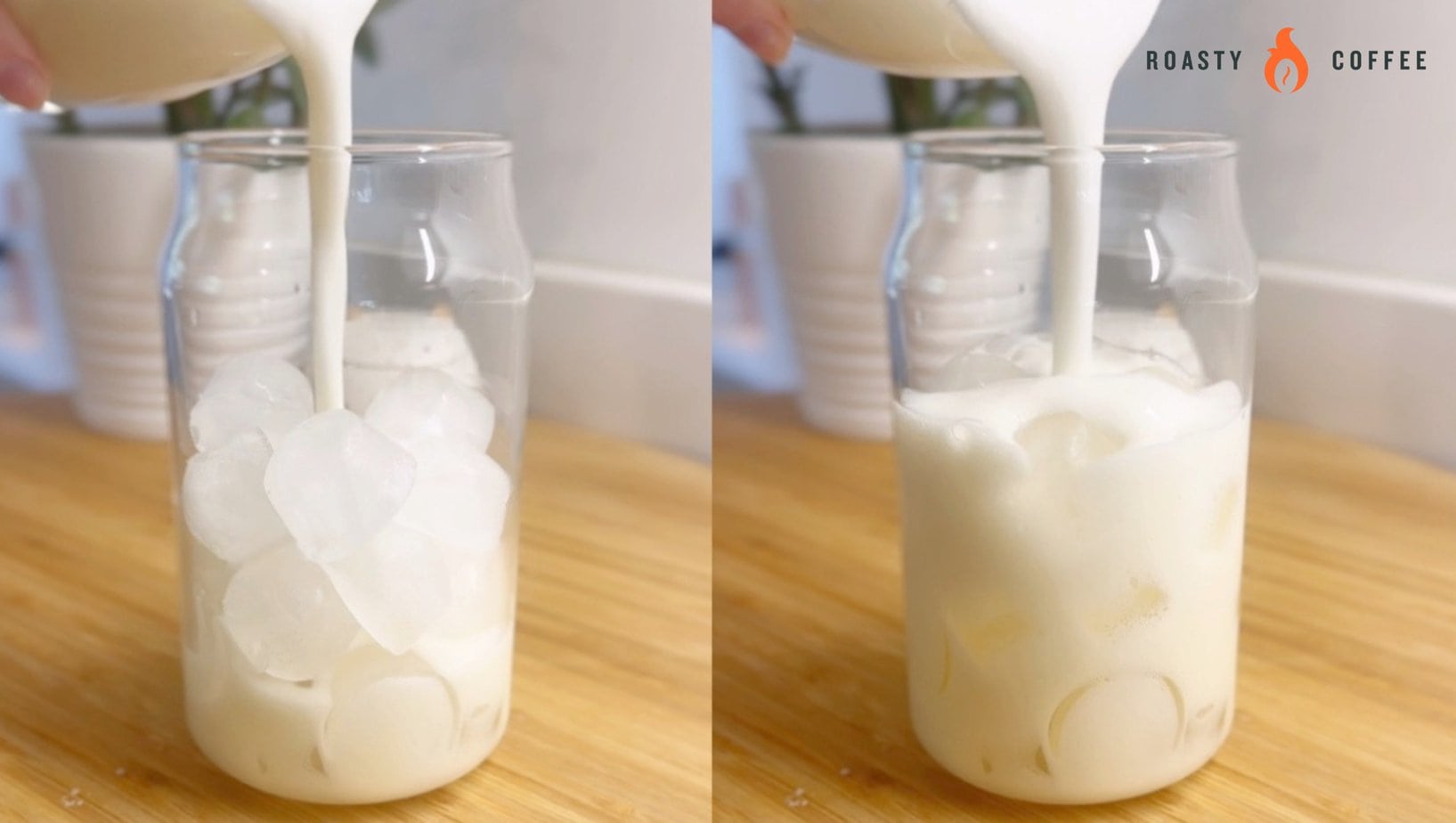 Pouring the creamer mixture over the ice