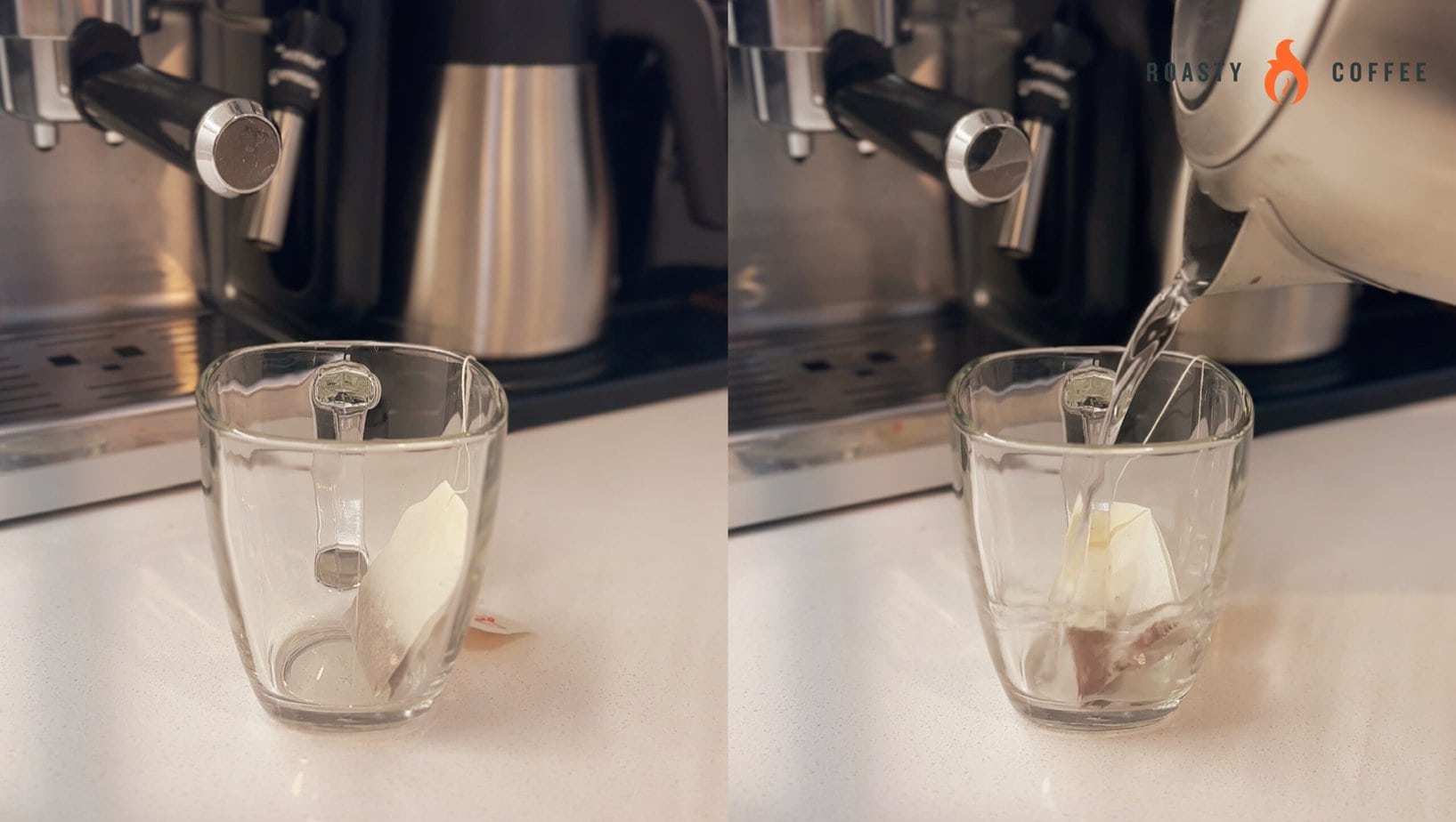 pouring water from the kettle into a cup with a tea bag